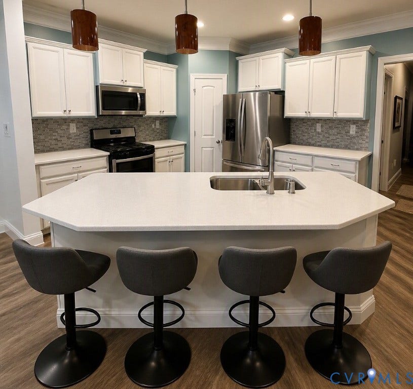 6722 Gibe Lane, Chesterfield, VA 23234 Kitchen featuring white cabinetry, solid-surface countertops, center island with integrated dual-basin sink, stainless steel appliances, and mosaic tile backsplash. This image has been digitally enhanced using AI for presentation, lighting and clarity.