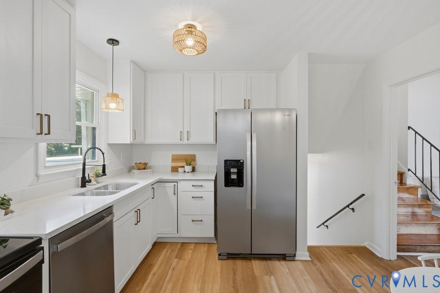 20306 Sheffield Place, Laurel Branch Farms, South Chesterfield, VA 23803 White shaker cabinetry, light-toned wood-finish flooring, stainless steel appliances, white countertop, and contemporary pendant lighting