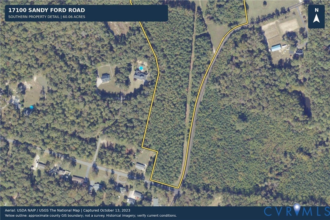 17100 Sandy Ford Road, South Chesterfield, Chesterfield, VA 23838 Aerial Property Detail. Illustrating the 60.06-acre property at 17100 Sandy Ford Road with an approximate county GIS boundary outline