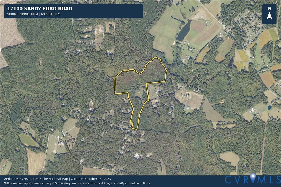 17100 Sandy Ford Road, South Chesterfield, Chesterfield, VA 23838 Aerial Property Survey. Satellite imagery depicting the parcel boundary and land composition at the subject property location, dated October 13, 2023