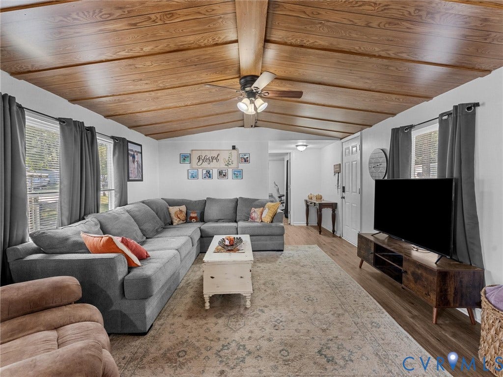 17009 Lansmill Drive, South Chesterfield, VA 23834 Vaulted wood-paneled ceiling with exposed beams, ceiling fan, wood-finish flooring, white interior walls, and multiple windows with blinds