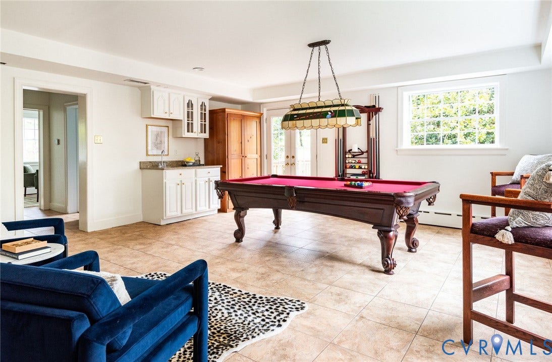 207 Tarrytown Drive, Sleepy Hollow, Henrico, VA 23229 An entertainer's paradise rec room with wet bar, custom built-ins, access to private deck overlooking substantial sweeping yard, nearby full bathroom and access to the garage/workshop.