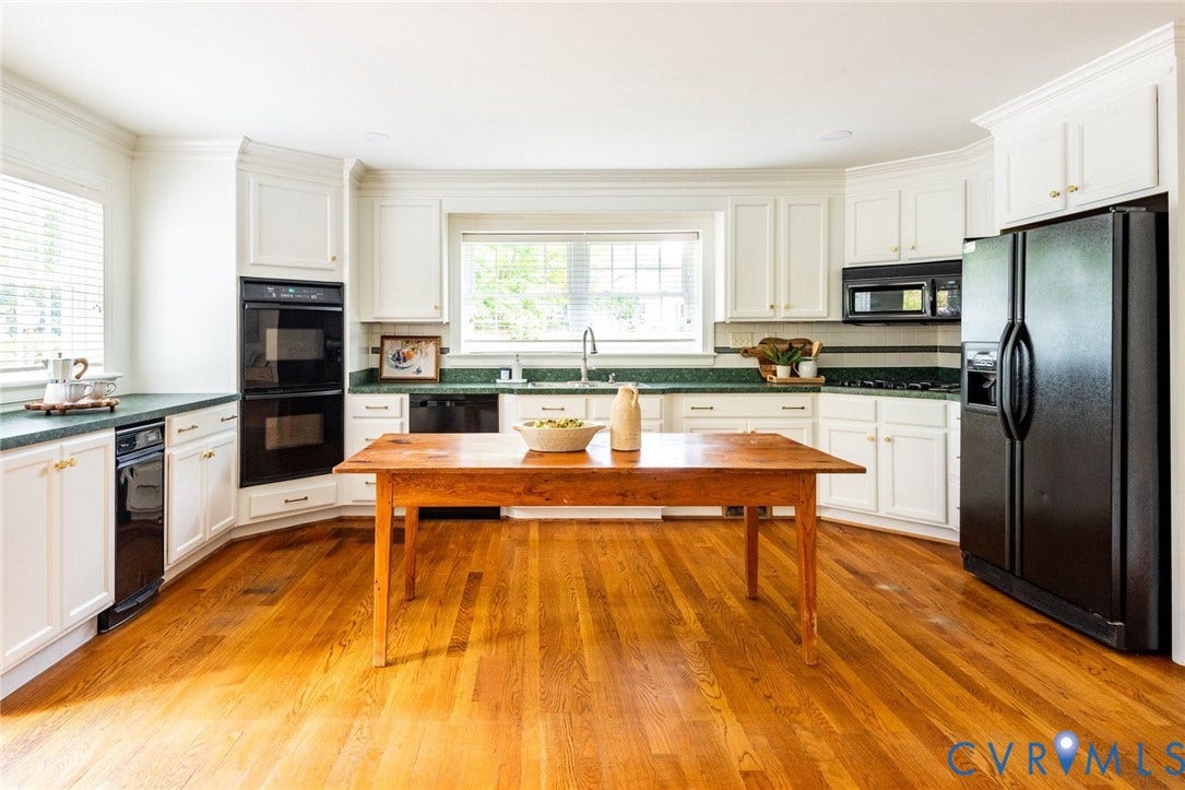 207 Tarrytown Drive, Sleepy Hollow, Henrico, VA 23229 Spacious kitchen with gas cooking, wall ovens, side entry, pantry closet, open to the family room and nearby powder room.