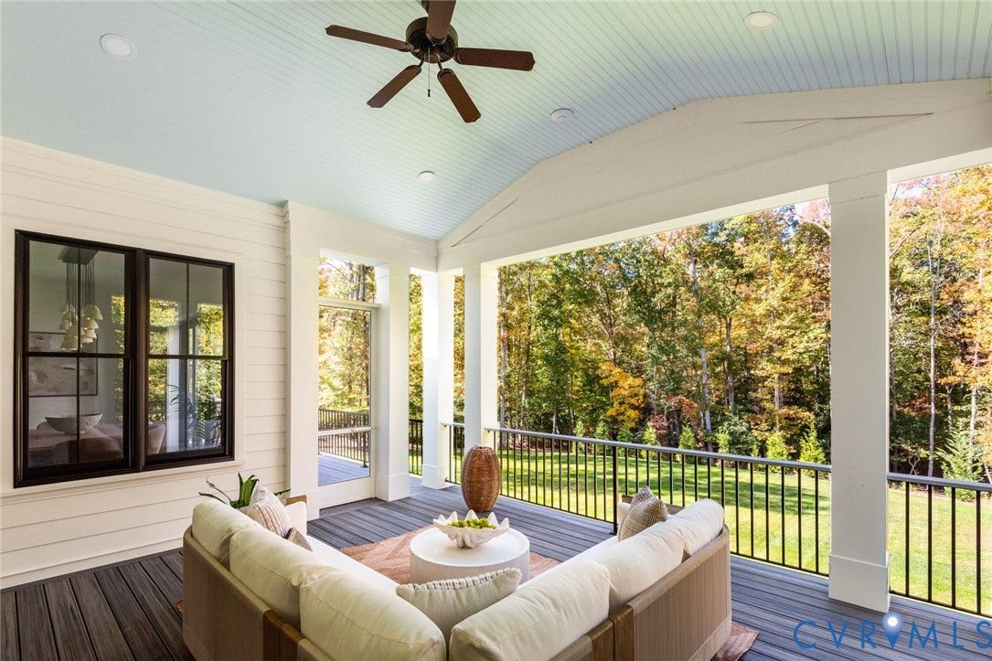 1136 Getaway Lane, Tuckahoe Creek, Goochland, VA 23103 Covered deck overlooking private fenced grounds, vaulted ceiling, access to great room.