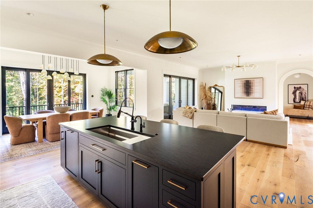1136 Getaway Lane, Tuckahoe Creek, Goochland, VA 23103 Chefs kitchen with premium appliances, Wolf induction cooktop, hidden pantry, quartzite island, leathered marble counters, access to multifunctional mudroom, open to dining and living areas.