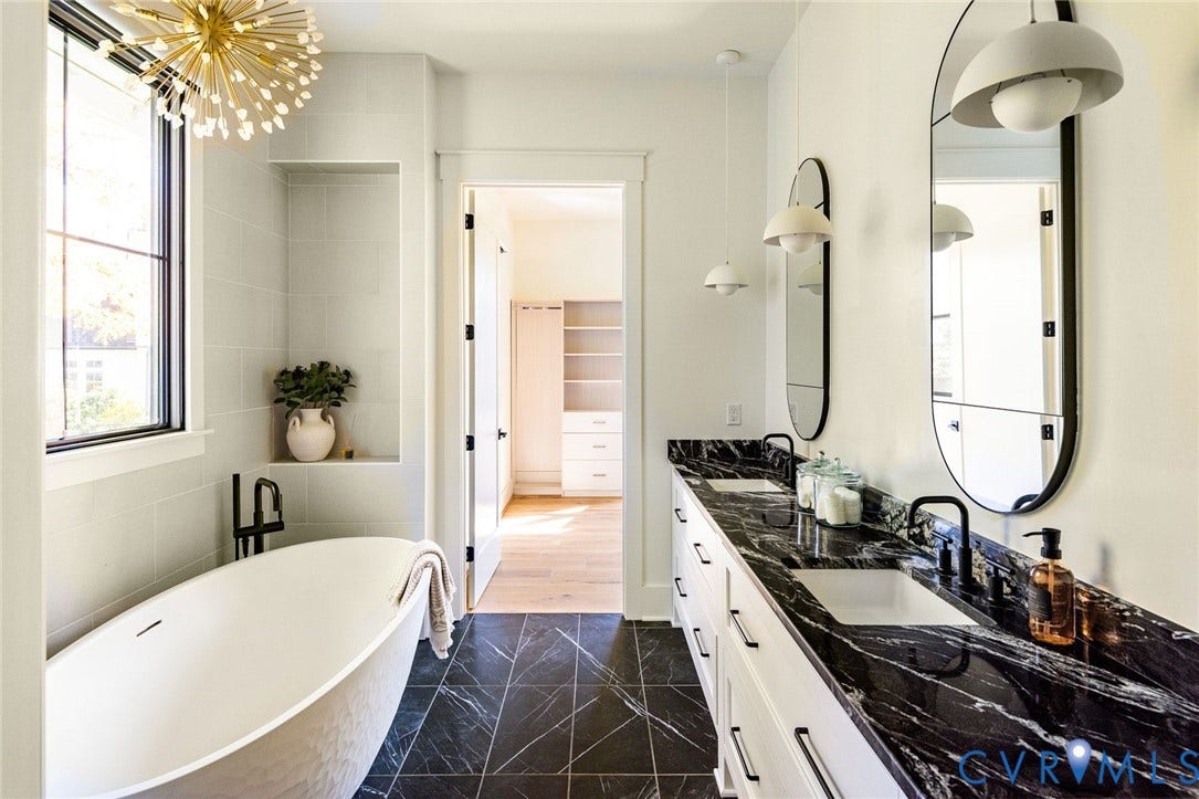 1136 Getaway Lane, Tuckahoe Creek, Goochland, VA 23103 Spa-inspired primary ensuite with Kallista soaking tub, custom vanity and walk-in closet.
