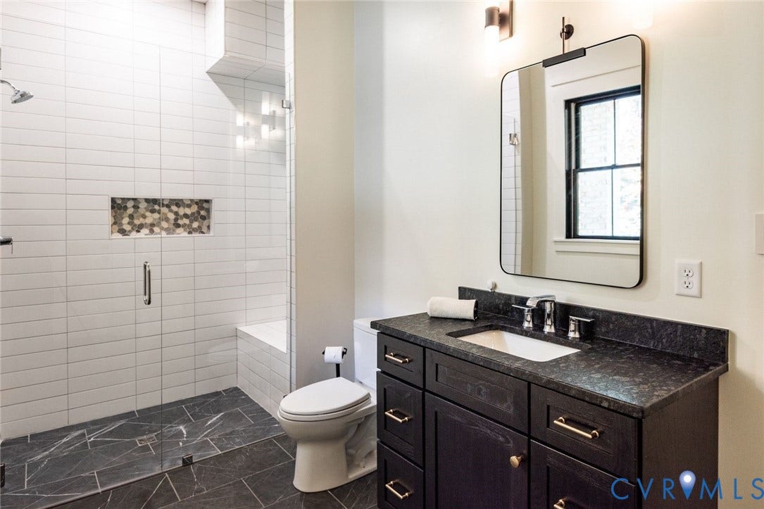 1136 Getaway Lane, Tuckahoe Creek, Goochland, VA 23103 Lower level full bathroom with seamless entry glass shower, custom vanity and exterior door access- perfect for future pool plans!