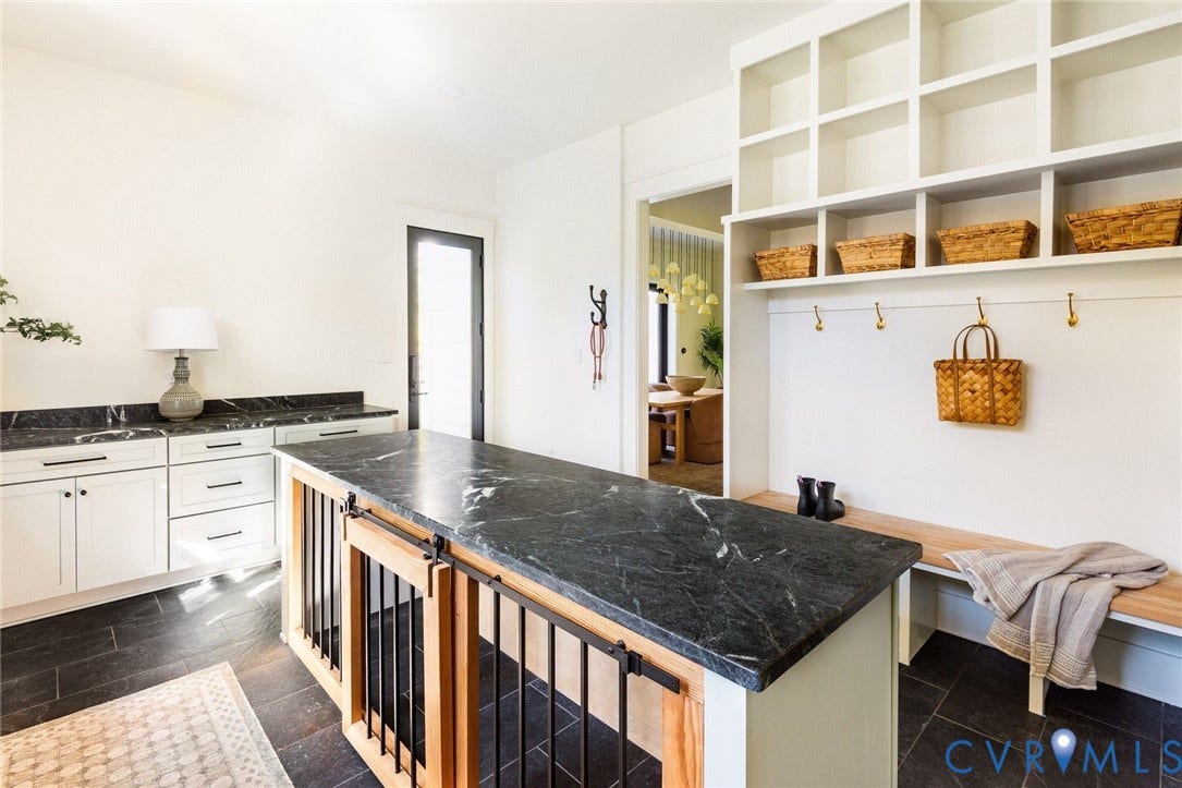 1136 Getaway Lane, Tuckahoe Creek, Goochland, VA 23103 Custom dog-crate island, cubbies, rear and garage door access, custom cabinetry and laundry.