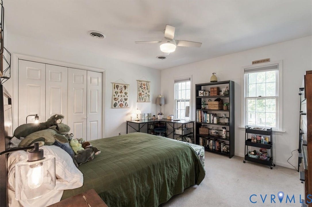 863 Watch Hill Road, Midlothian, VA 23114 Light-toned wall paint, carpet flooring, a ceiling fan with integrated lighting, and multiple windows