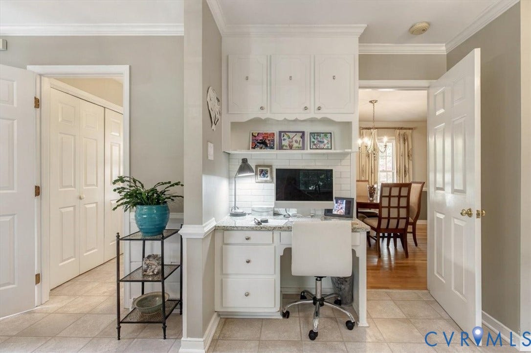 863 Watch Hill Road, Midlothian, VA 23114 Dedicated home office featuring built-in white cabinetry, a desk with storage, and task lighting