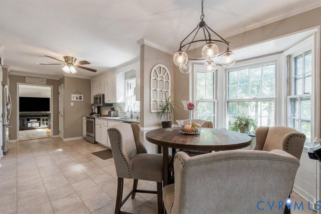 863 Watch Hill Road, Midlothian, VA 23114 Kitchen featuring a bay window, recessed lighting, tile flooring, and white cabinetry with stainless steel appliances