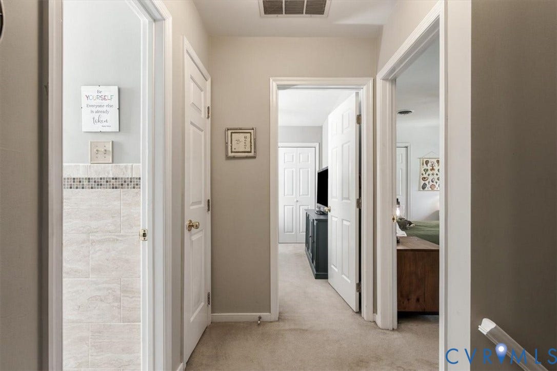 863 Watch Hill Road, Midlothian, VA 23114 Hallway featuring neutral wall finishes, multiple white six-panel doors with brass hardware, neutral carpet flooring, and recessed ceiling lighting