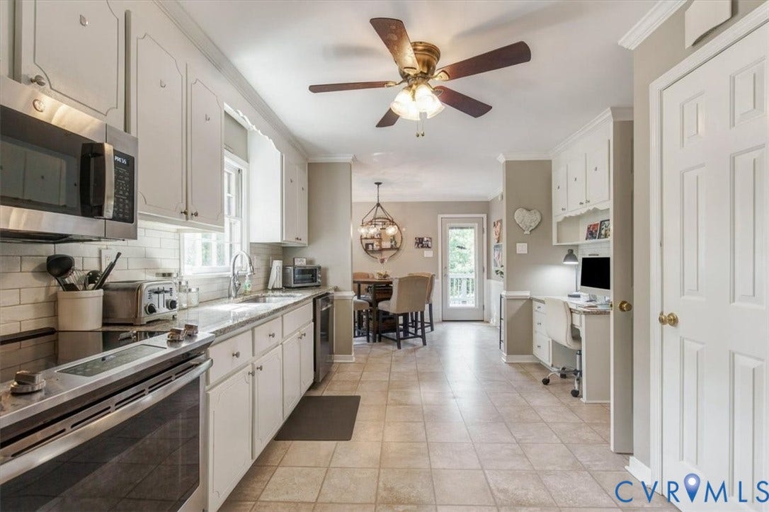 863 Watch Hill Road, Midlothian, VA 23114 Kitchen featuring white cabinetry, stainless steel appliances, subway tile backsplash, and a built-in desk area