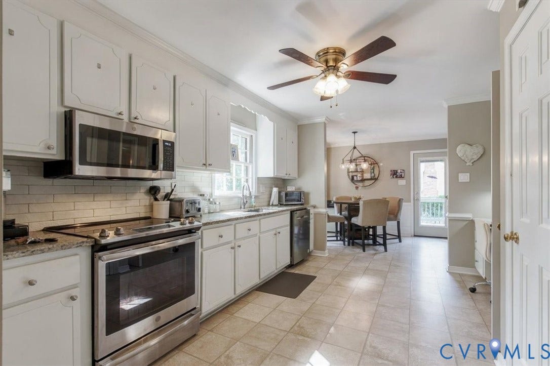 863 Watch Hill Road, Midlothian, VA 23114 Bright, open-concept kitchen featuring white cabinetry, stainless steel appliances, subway tile backsplash, and tile flooring