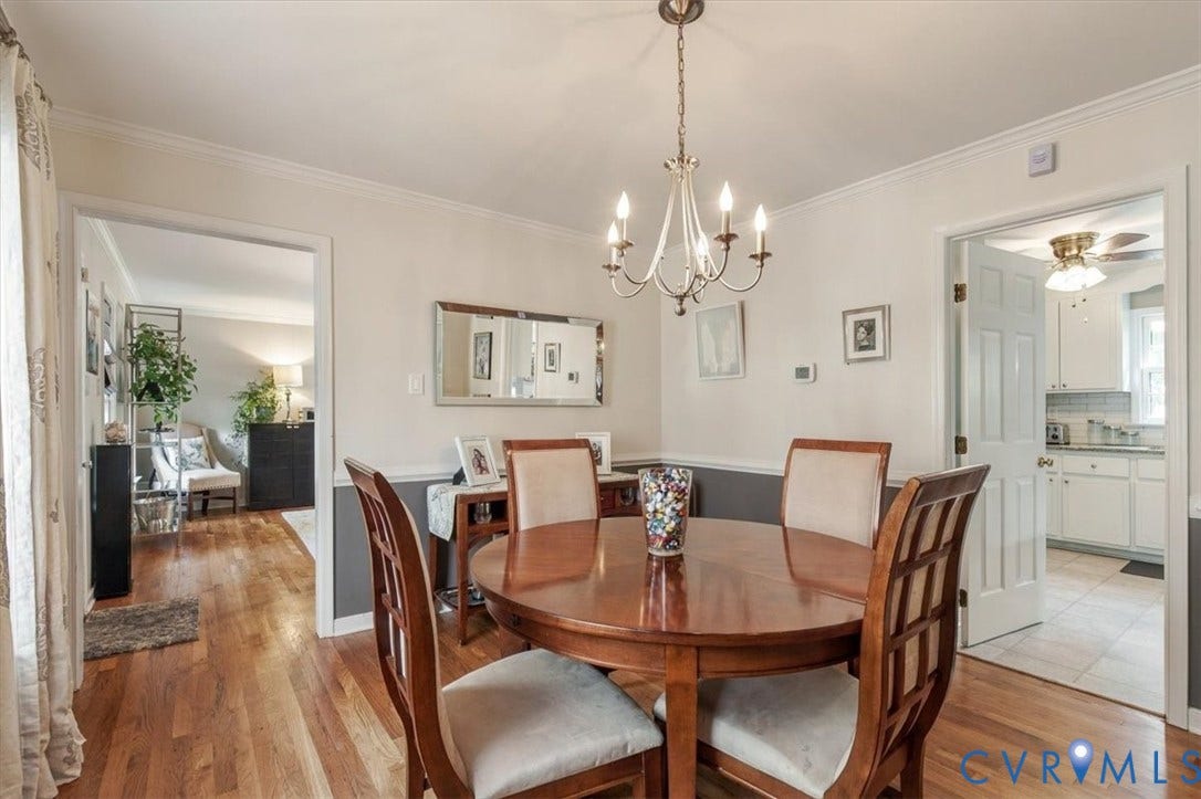 863 Watch Hill Road, Midlothian, VA 23114 Elegant dining room anchored by a round wood-finish table and upholstered chairs, illuminated by a multi-arm chandelier