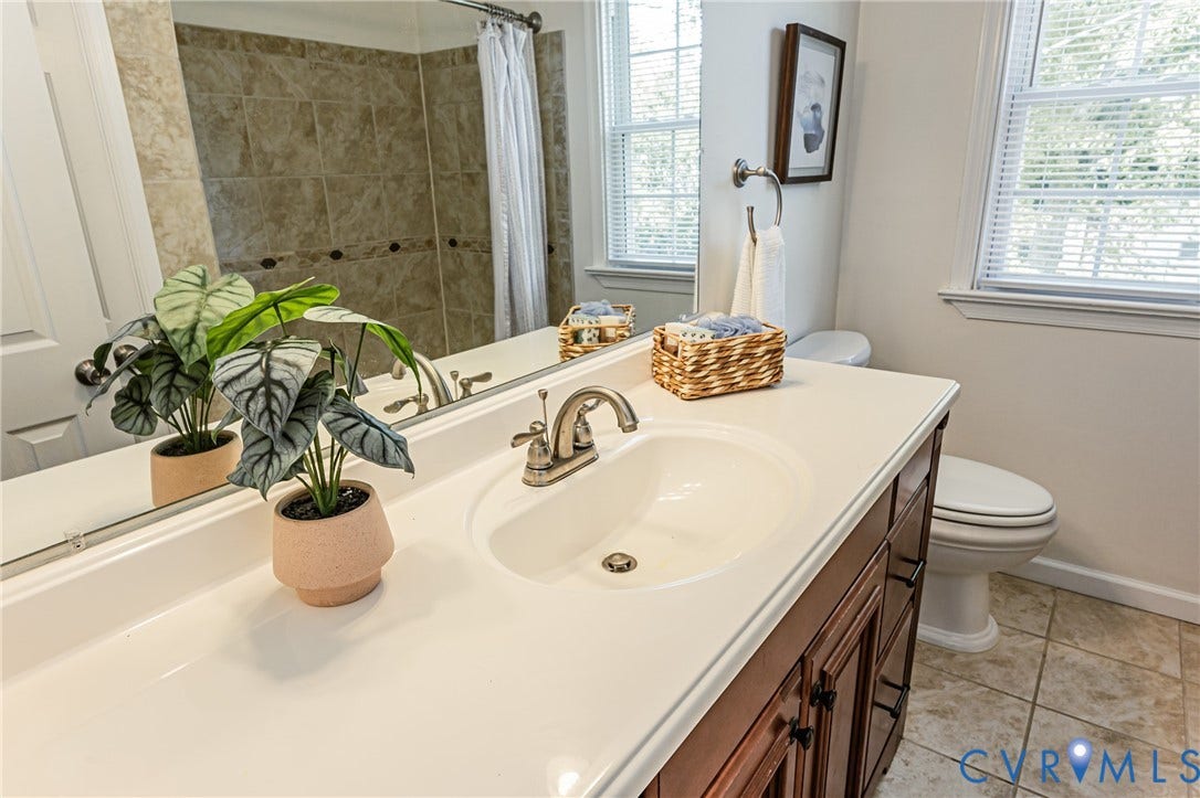 1608 Lochwood Drive, Henrico, VA 23238 Vanity with an integrated sink, dual-handle faucet, and dark wood-finish cabinetry