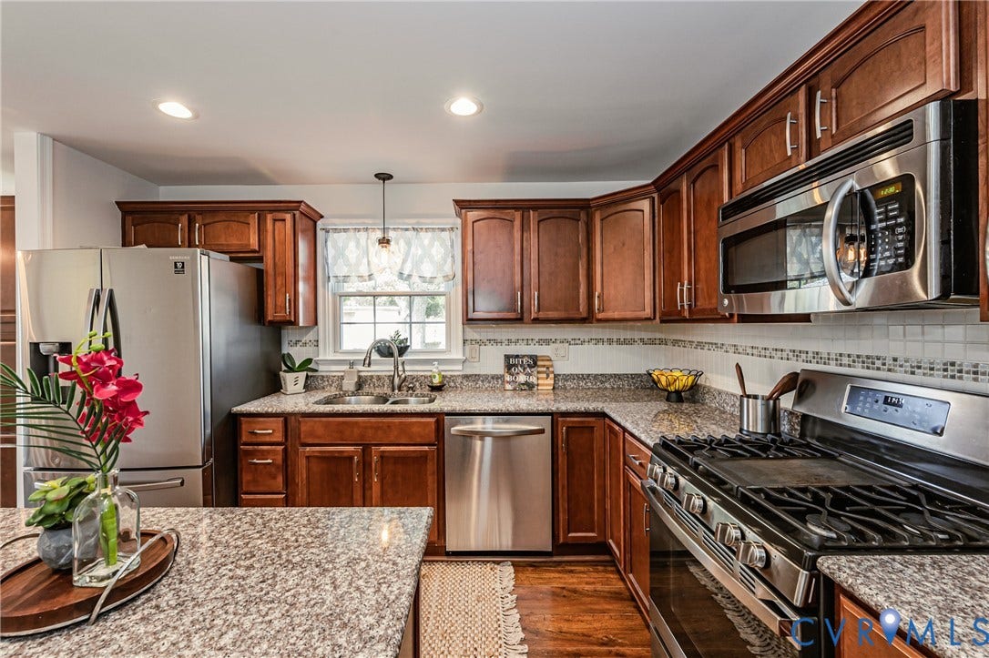 1608 Lochwood Drive, Henrico, VA 23238 Kitchen featuring wood-finish cabinetry, granite countertops, stainless steel appliances, mosaic tile backsplash, and recessed lighting