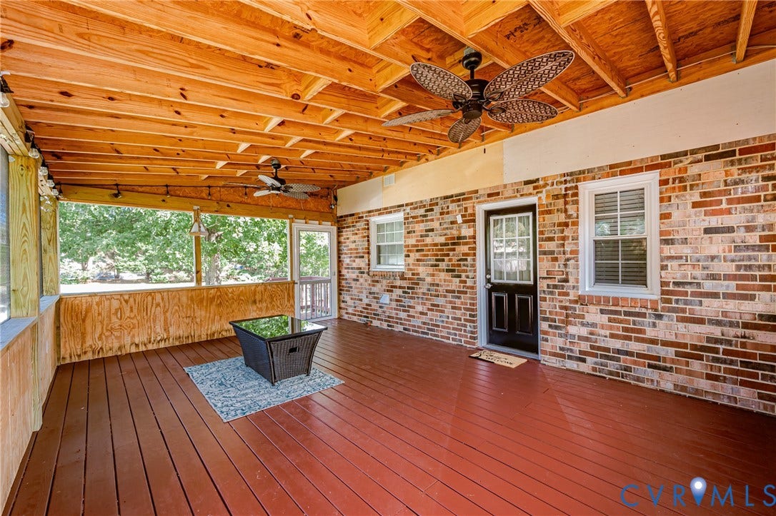 1608 Lochwood Drive, Henrico, VA 23238 Spacious screened porch with exposed wooden beam ceiling, ceiling fans, and composite decking throughout