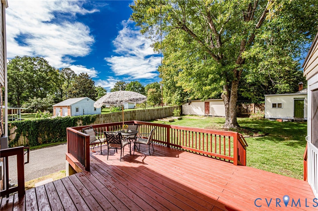 1608 Lochwood Drive, Henrico, VA 23238 Expansive composite deck featuring rich wood-finish railings and multiple seating areas, overlooking a manicured lawn anchored by mature shade trees
