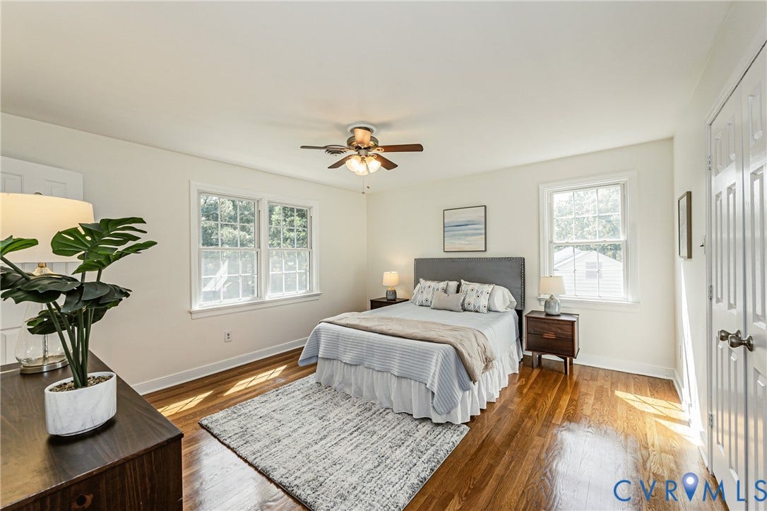 1608 Lochwood Drive, Henrico, VA 23238 Hardwood flooring, twin windows, a ceiling fan with integrated lighting, and a paneled door