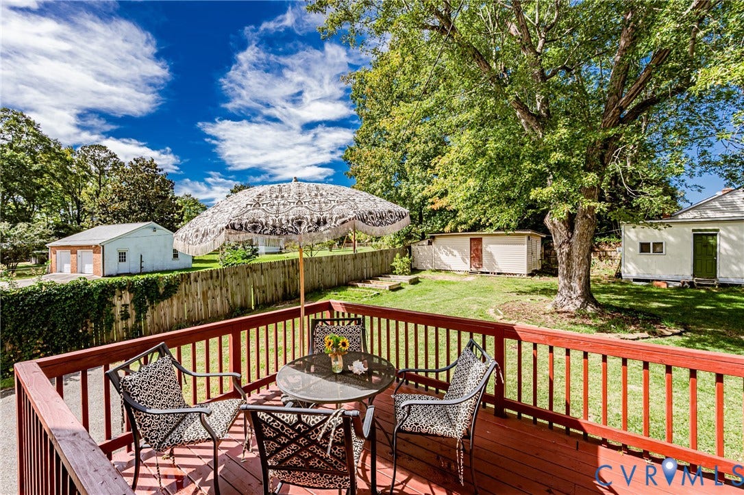 1608 Lochwood Drive, Henrico, VA 23238 Expansive redwood deck with built-in seating areas and sturdy railings overlooking a level, manicured lawn anchored by mature shade trees