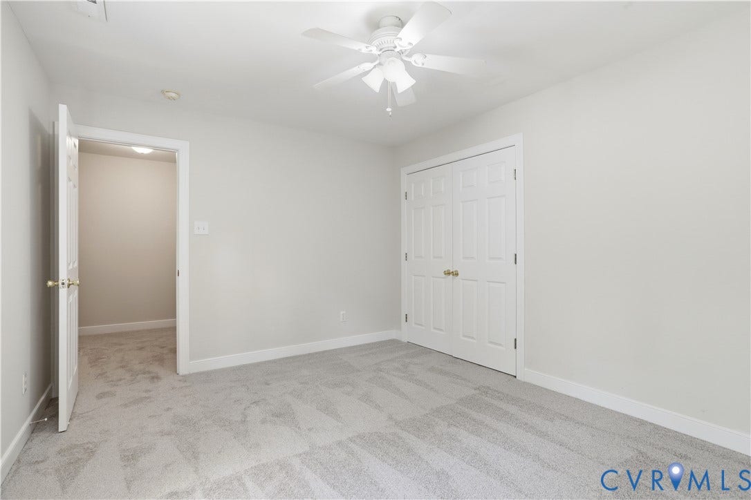 10721 Sheppards Way Drive, Sheppards Way, Glen Allen, VA 23060 Plush carpet flooring, white painted walls, ceiling fan, bi-fold closet doors, and interior door with brass hardware
