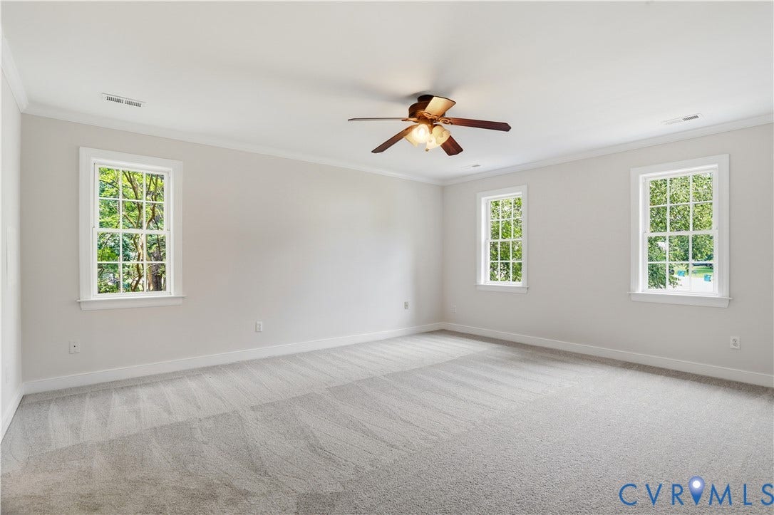 10721 Sheppards Way Drive, Sheppards Way, Glen Allen, VA 23060 Spacious room with plush gray carpeting, white walls, multiple windows, crown molding, and a ceiling fan