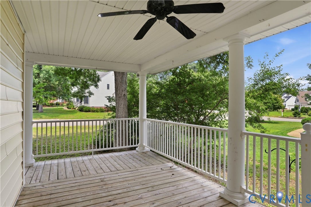 10721 Sheppards Way Drive, Sheppards Way, Glen Allen, VA 23060 Covered porch featuring a ceiling fan, wood plank flooring, and a white railing