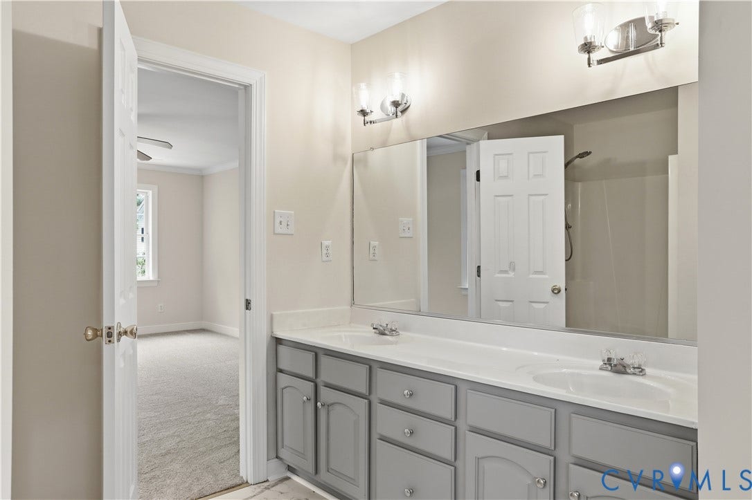 10721 Sheppards Way Drive, Sheppards Way, Glen Allen, VA 23060 Double vanity with gray cabinetry, white countertops, and chrome fixtures