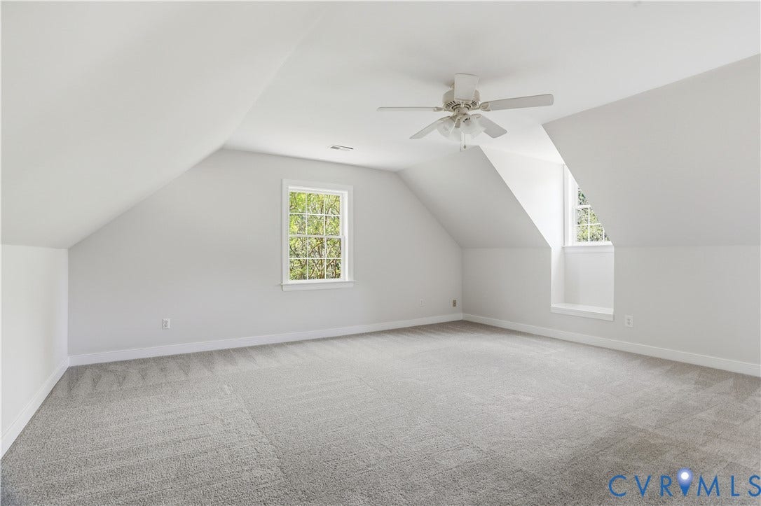 10721 Sheppards Way Drive, Sheppards Way, Glen Allen, VA 23060 Sloped ceilings, two distinct windows, light gray carpeting, and a ceiling fan