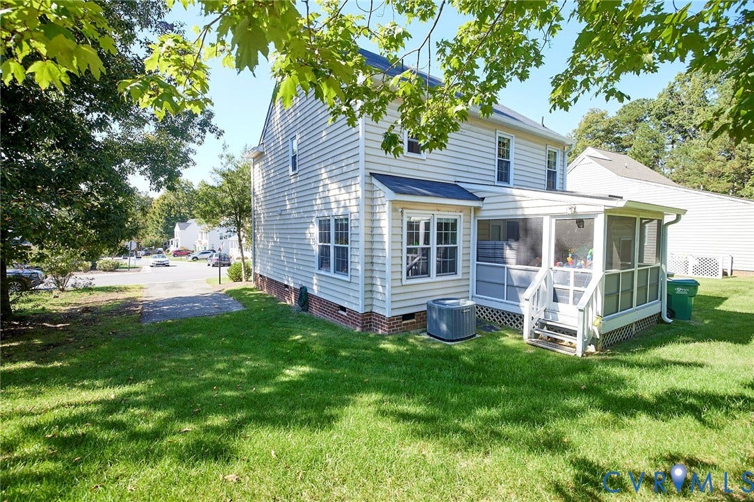 2633 Bradway Lane, Henrico, VA 23233 Two-story exterior with light-colored siding, multiple windows, and a screened-in porch with steps