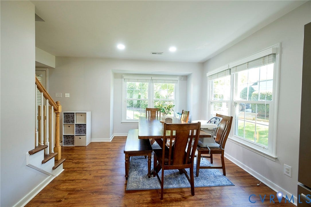 2633 Bradway Lane, Henrico, VA 23233 Bright dining room with hardwood flooring, recessed ceiling lighting, and large multi-pane windows providing abundant natural light