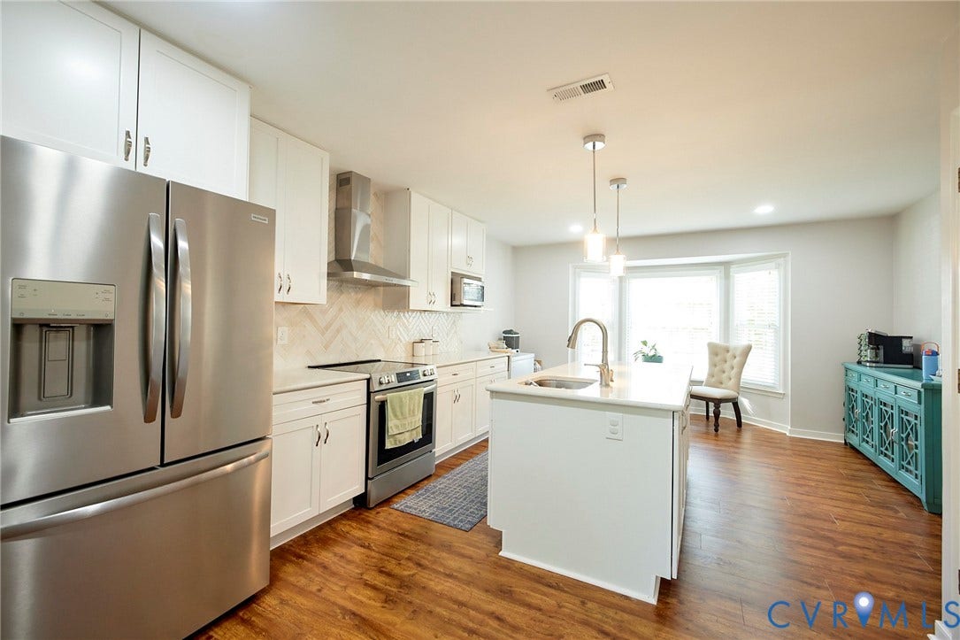 2633 Bradway Lane, Henrico, VA 23233 Modern kitchen featuring stainless steel French-door refrigerator, gas range with hood ventilation, and white cabinetry with brushed nickel hardware