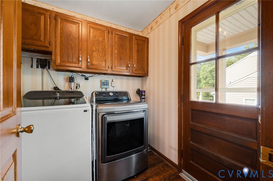 7516 Oakmont Drive, Henrico, VA 23228 Laundry area featuring overhead cabinetry, and an exterior door with glass panes