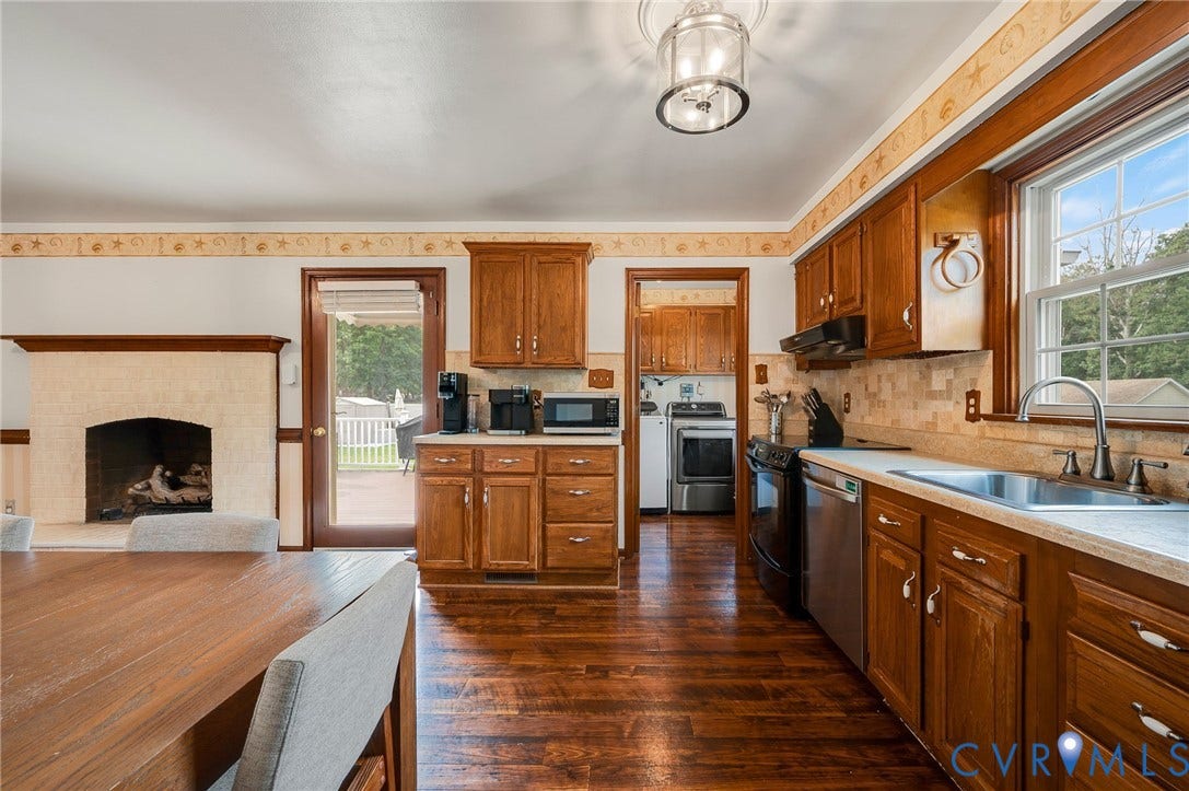 7516 Oakmont Drive, Henrico, VA 23228 Built-in fireplace, natural wood cabinetry, stainless steel dishwasher, and a stainless steel sink