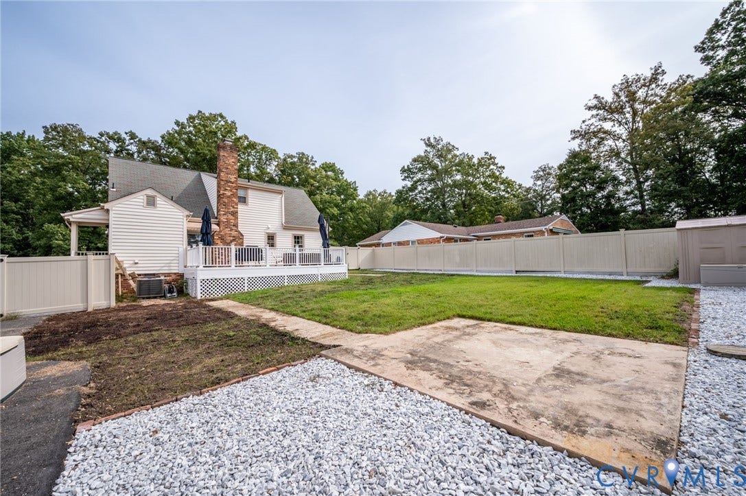 7516 Oakmont Drive, Henrico, VA 23228 Expansive backyard featuring a manicured lawn, a large deck, and a privacy fence