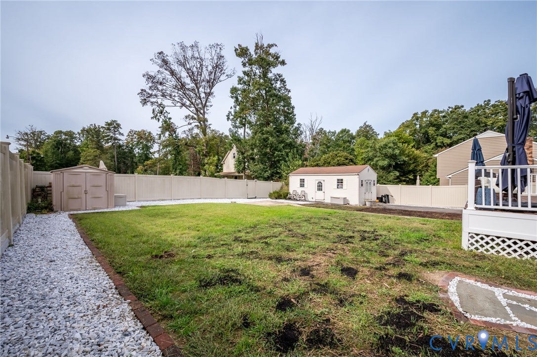 7516 Oakmont Drive, Henrico, VA 23228 Expansive rear yard featuring a privacy fence, a detached shed with a shingled roof, a smaller brown storage shed, a white gravel pathway, and deck