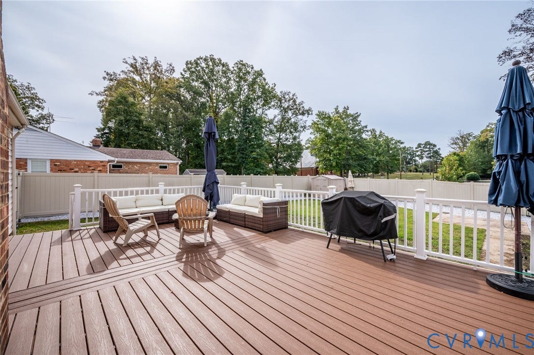 7516 Oakmont Drive, Henrico, VA 23228 Spacious outdoor deck with composite decking, white railing, and privacy fencing