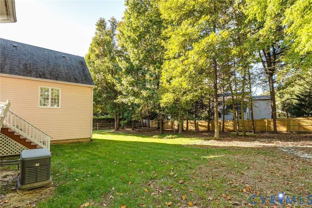 2825 Oak Point Lane, Barrington, Henrico, VA 23233 Expansive flat backyard perfect for tossing a ball or adding a pool. The whole house gas generator ensures comfort during storms.