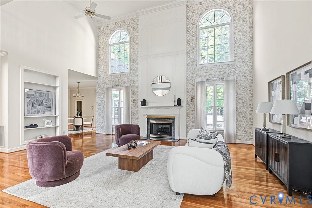 2825 Oak Point Lane, Barrington, Henrico, VA 23233 Show stopping living room with floor to ceiling windows with Kid Manwell curtains, gas fireplace and built ins.