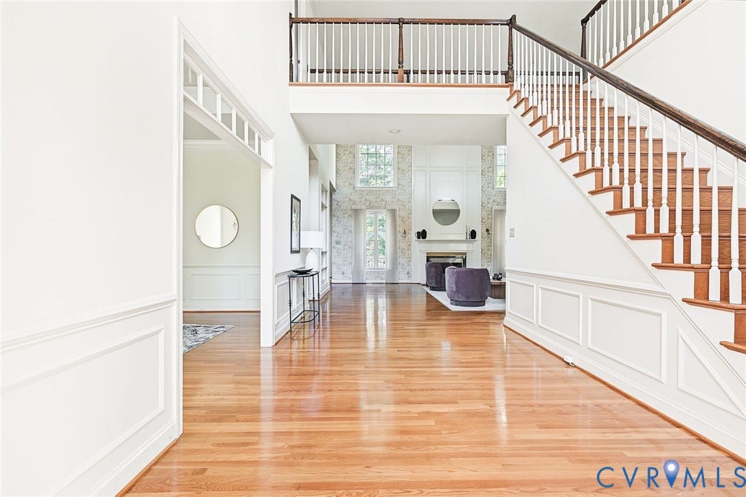 2825 Oak Point Lane, Barrington, Henrico, VA 23233 Cathedral ceilings, floor to ceiling windows, wainscoting and hardwoods provide a sophisticated entrance.