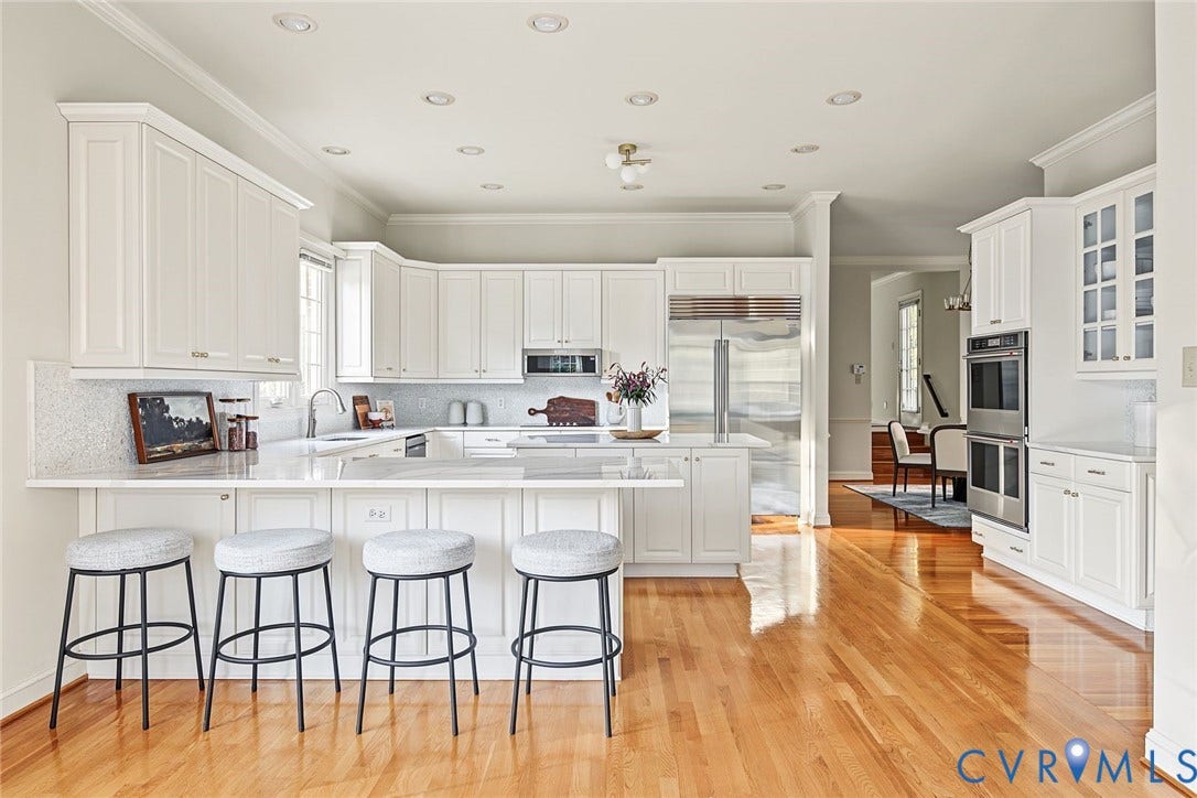 2825 Oak Point Lane, Barrington, Henrico, VA 23233 Extensive quartz counters, crisp white cabinetry, tiled backsplash in this showstopping kitchen.