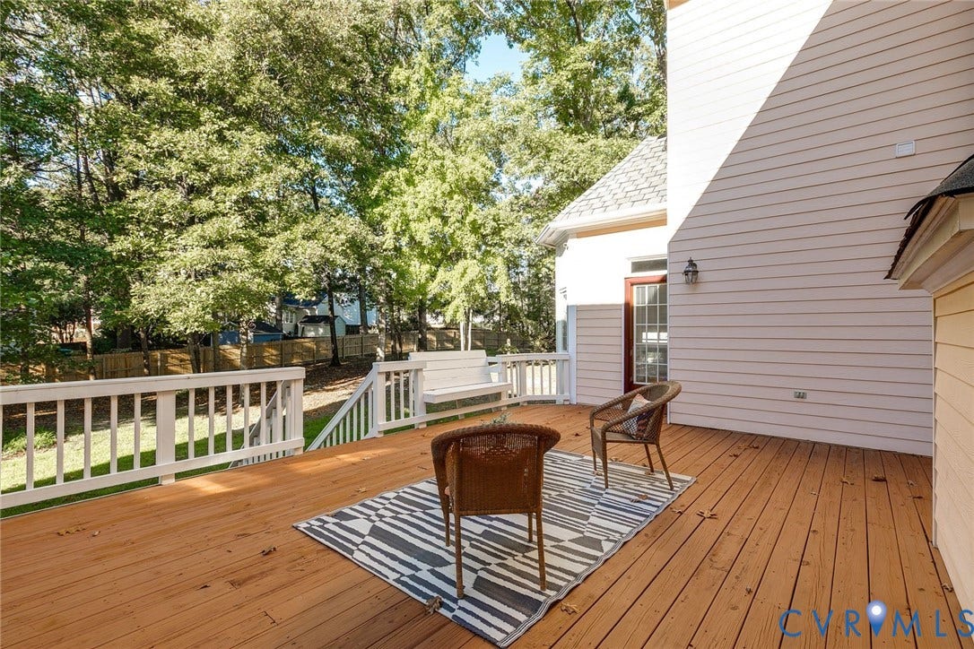 2825 Oak Point Lane, Barrington, Henrico, VA 23233 Step onto the back deck to discover a peaceful tree lined back yard.