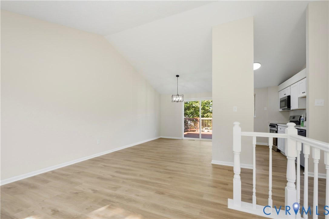 2836 Neale Street, 5-040, Henrico, VA 23223 Vaulted ceiling, wood-finish flooring, sliding glass door, modern ceiling light fixture, kitchen with white cabinetry