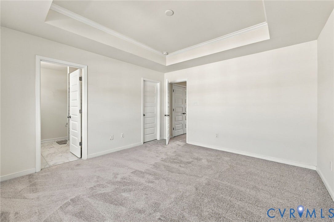 10818 Ashton Poole Place, Henrico, VA 23059 Recessed ceiling with crown molding, plush gray carpet flooring, and white paneled doors