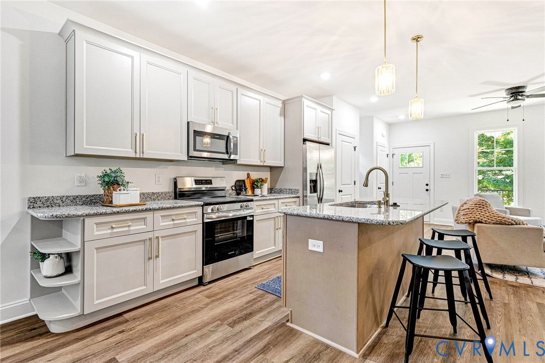 1807 Gordon Avenue, Oak Grove, Oak Grove, VA 23224 Kitchen featuring white shaker cabinetry, stainless steel appliances, a center island, and wood-finish flooring