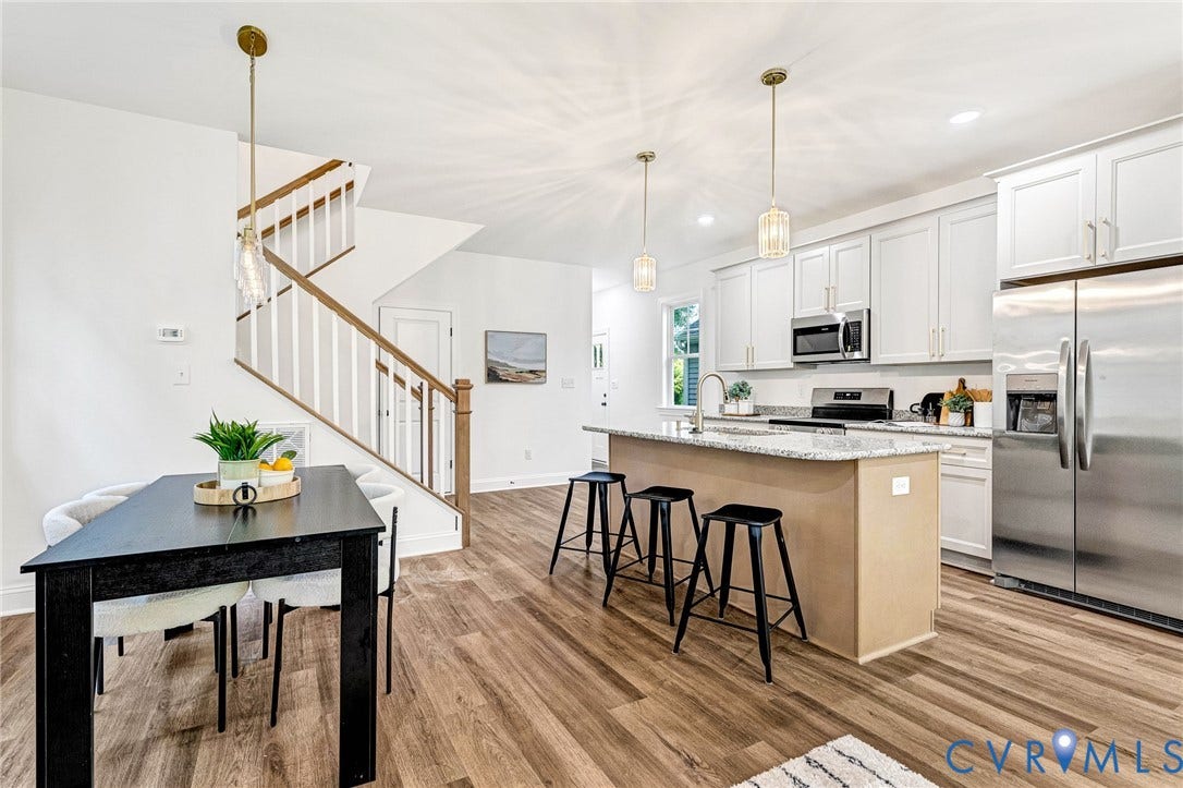 1807 Gordon Avenue, Oak Grove, Oak Grove, VA 23224 Contemporary kitchen with white cabinetry, stainless steel appliances, and a central island with a light-toned countertop