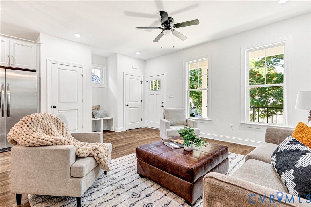 1807 Gordon Avenue, Oak Grove, Oak Grove, VA 23224 Recessed lighting, wood-finish flooring, white paneled doors, ceiling fan with light, and white cabinetry