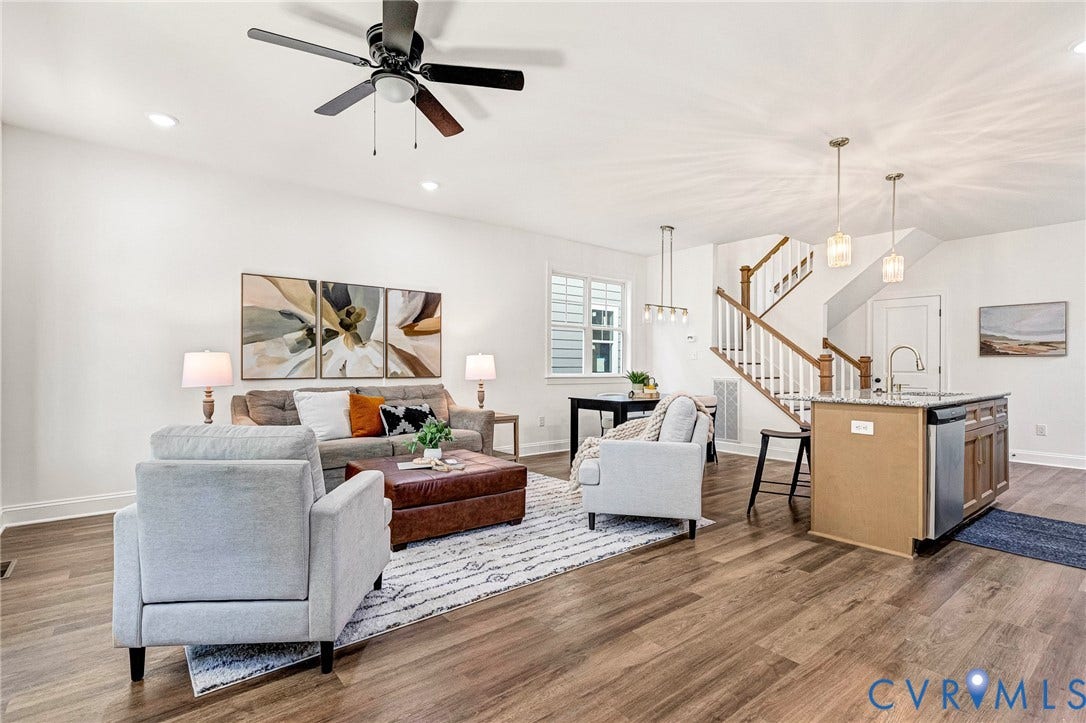 1807 Gordon Avenue, Oak Grove, Oak Grove, VA 23224 Open-concept living space with wood-finish flooring, recessed lighting, and a ceiling fan