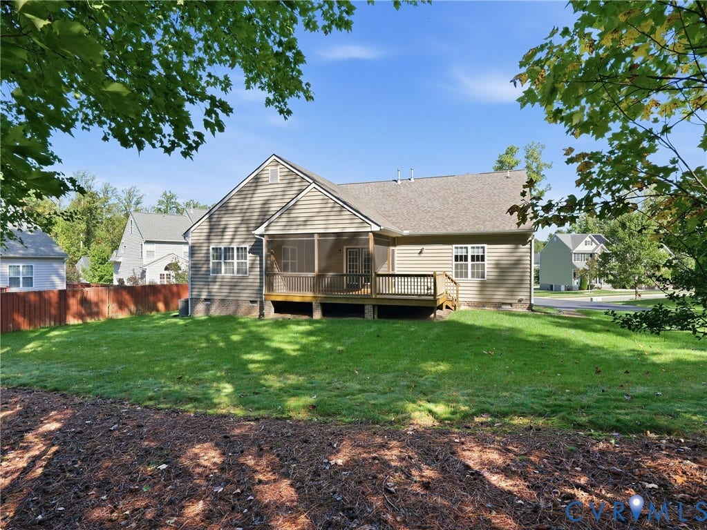 11037 Vogel Court, Bellshire, North Chesterfield, VA 23236 Rear exterior featuring a screened-in porch, elevated wood deck, horizontal siding, and a fenced backyard